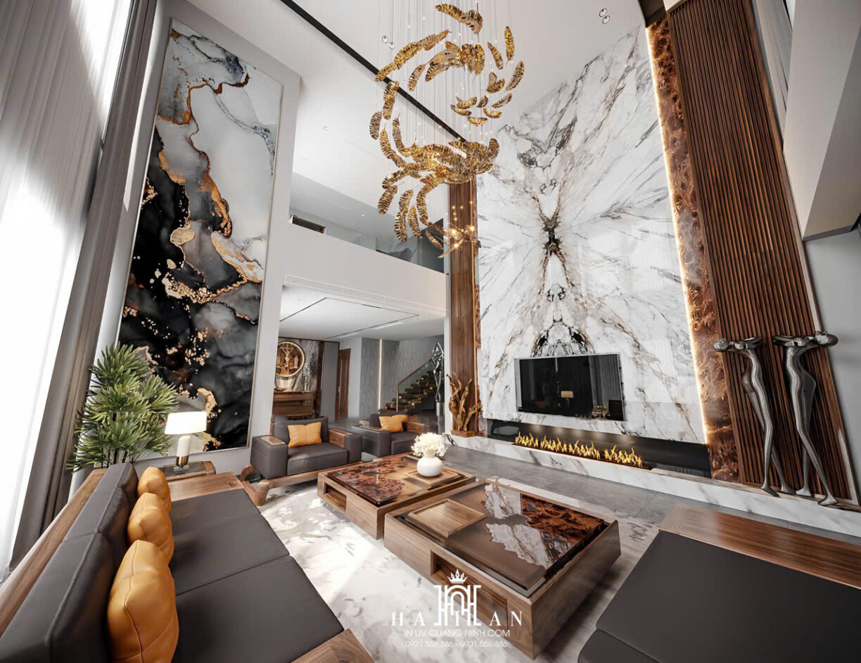 Vách tivi vân đá in UV