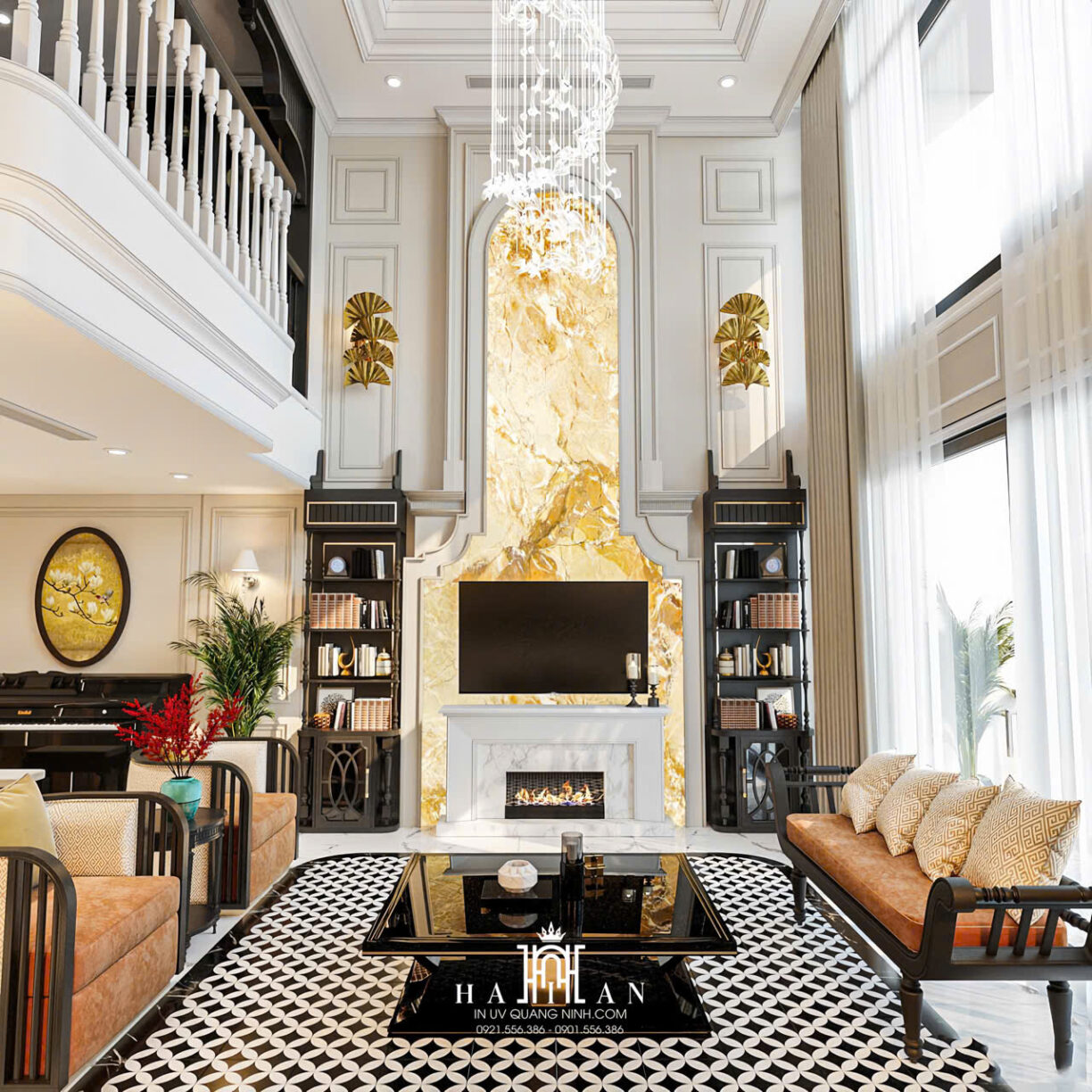 Vách tivi vân đá in UV